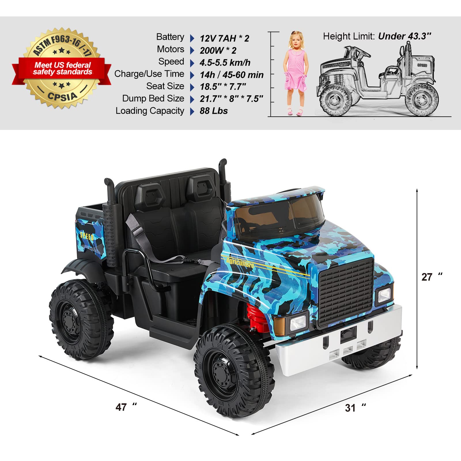 JOYLDIAS 2 Seater Ride On Car, 24V Battery-Powered Dump Truck, Ride On Toy with Dump Bed, Dual Motors, 4 Large Wheels, 2.4G Remote Control, 3 Speeds, Bluetooth, Camo Blue