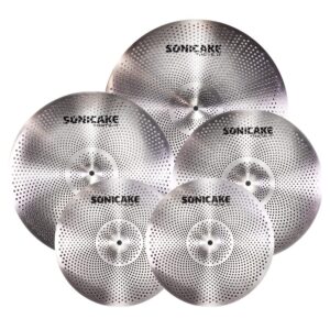 sonicake low volume cymbal pack quiet cymbal set 14"hi-hats+16"crash+18"crash+20"ride 5 pcs mute drum cymbal set quiet practice cymbal, sliver