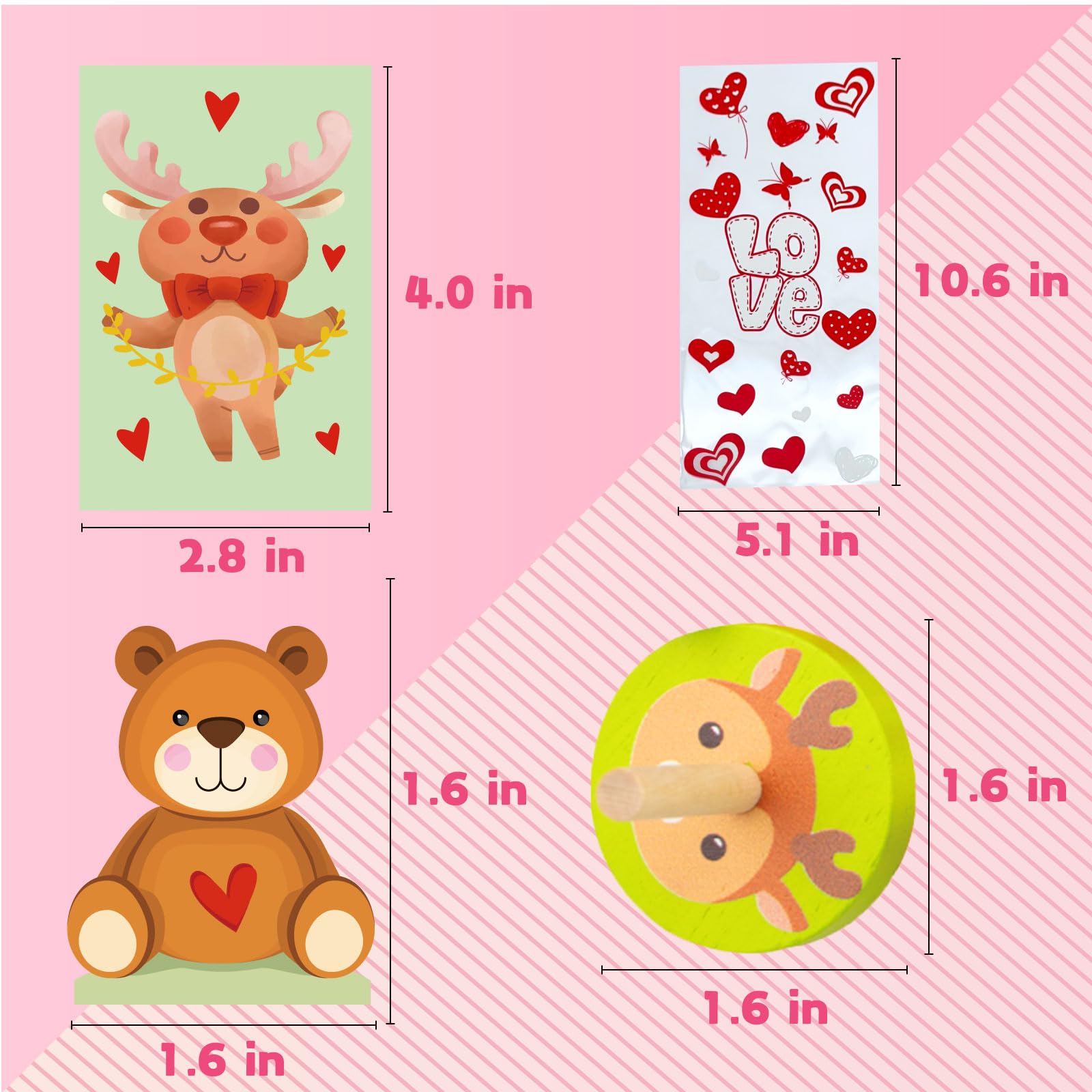 96PCS Valentines Toys for Class, Valentines Day Exchange Cards for Kids, Wooden Spinning Tops, Animal Stickers, Goodies Bags, Valentines Gifts for Kids Classroom, School Prize Party Favors