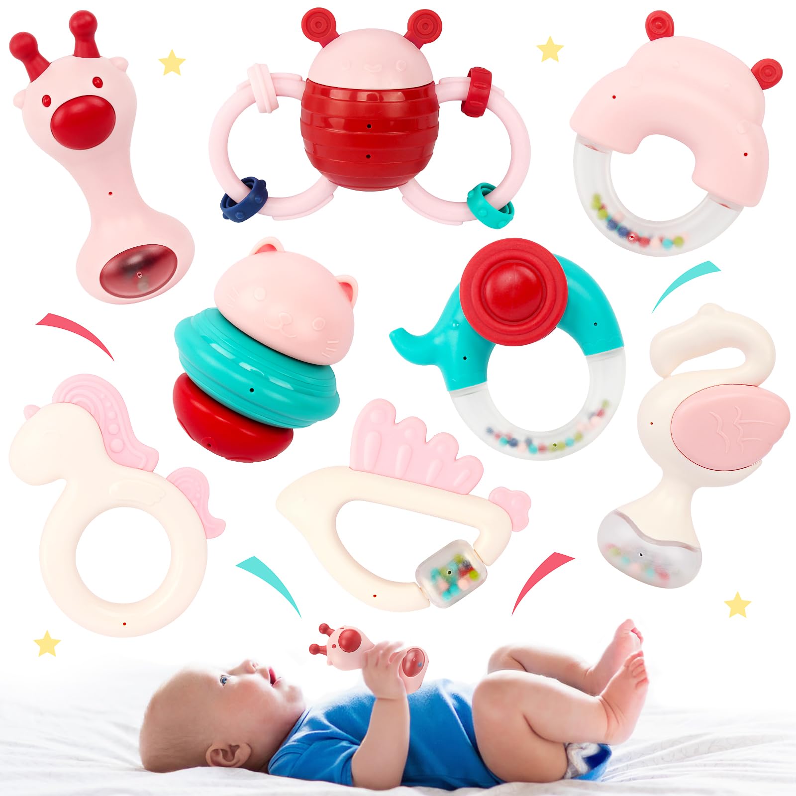 Baby Rattles Toys 6-12 Months, Infant Teething Toysfor Babies 0-6 Months, 4 Month Old Baby Must Haves Handbells, Rattles for Babies 8 Month Old Development Toys, Newborn Gift Set for Boys Girls BAOLI