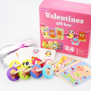 96PCS Valentines Toys for Class, Valentines Day Exchange Cards for Kids, Wooden Spinning Tops, Animal Stickers, Goodies Bags, Valentines Gifts for Kids Classroom, School Prize Party Favors