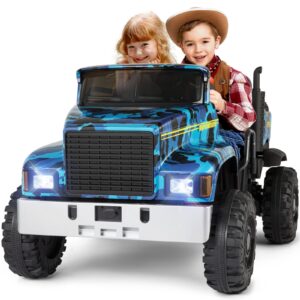 JOYLDIAS 2 Seater Ride On Car, 24V Battery-Powered Dump Truck, Ride On Toy with Dump Bed, Dual Motors, 4 Large Wheels, 2.4G Remote Control, 3 Speeds, Bluetooth, Camo Blue