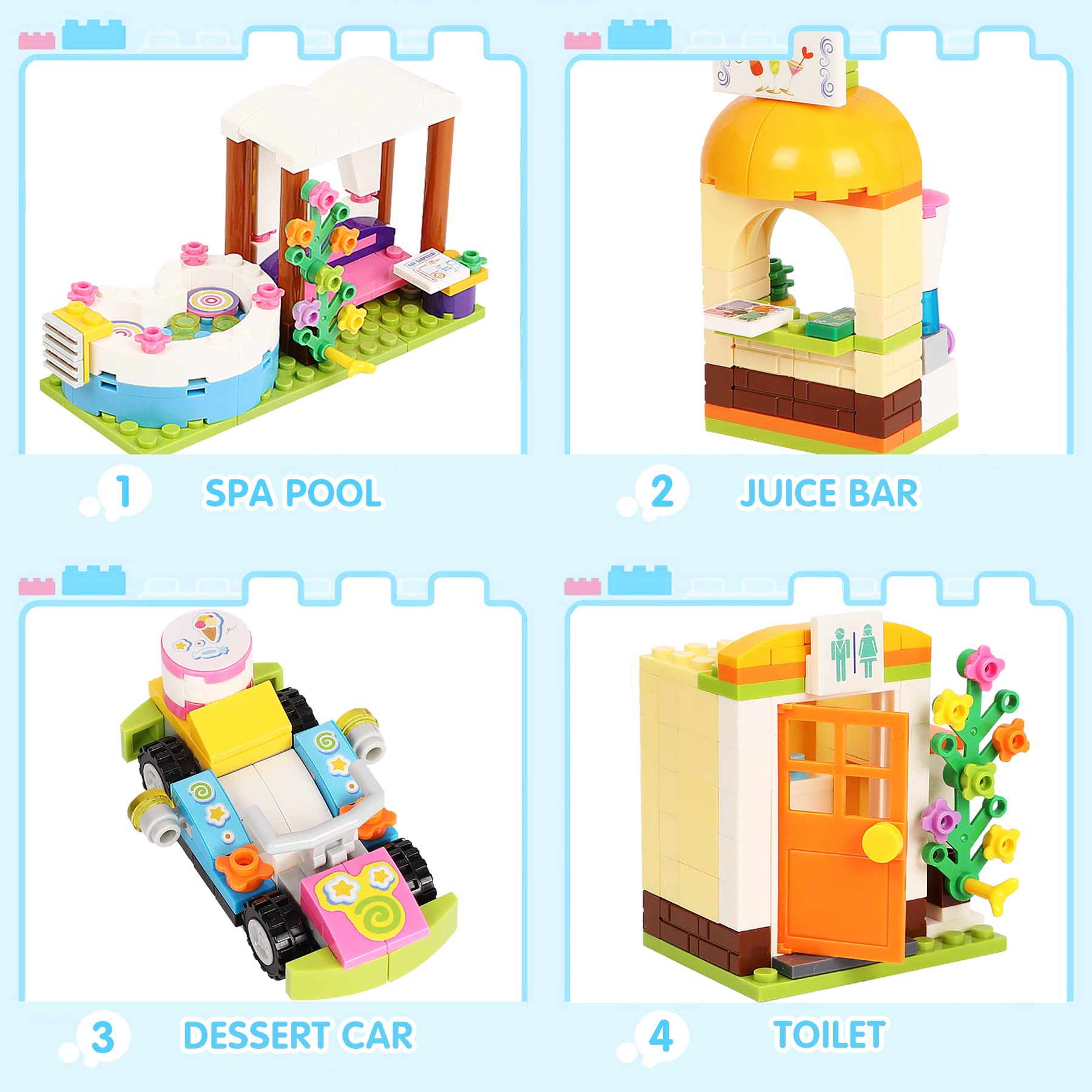 Friends Swimming Pool Building Set for Girls 6-12 Beach Pool Party Building Blocks Toys Water Park Building Includes Juice Bar and Car, Storage Box, Christmas Birthday Roleplay Gift for Kids Girls 7-9