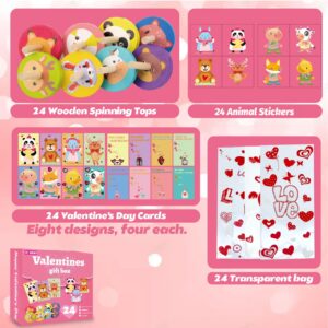 96PCS Valentines Toys for Class, Valentines Day Exchange Cards for Kids, Wooden Spinning Tops, Animal Stickers, Goodies Bags, Valentines Gifts for Kids Classroom, School Prize Party Favors