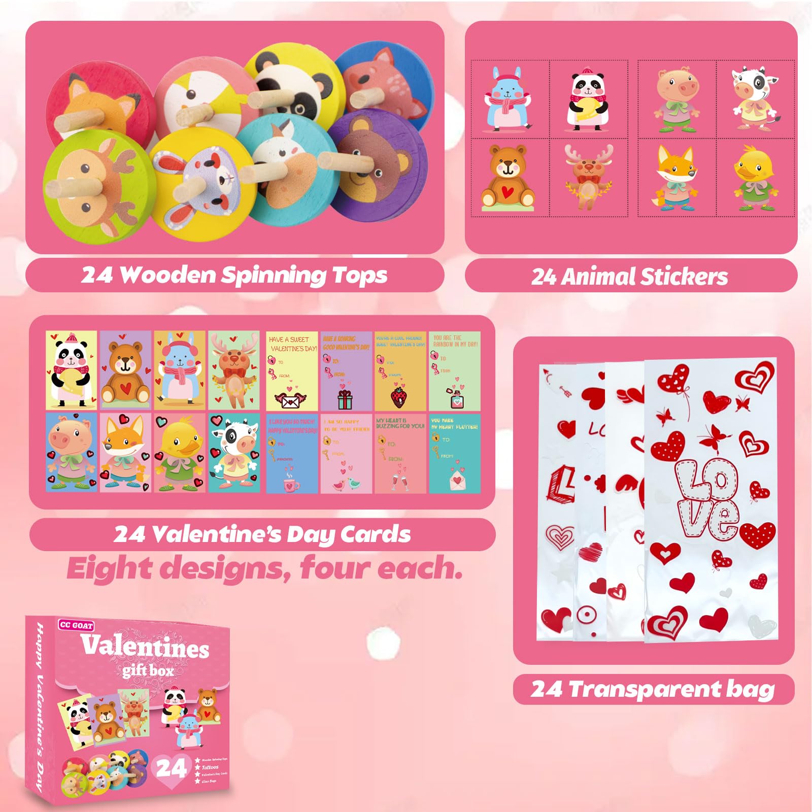 96PCS Valentines Toys for Class, Valentines Day Exchange Cards for Kids, Wooden Spinning Tops, Animal Stickers, Goodies Bags, Valentines Gifts for Kids Classroom, School Prize Party Favors