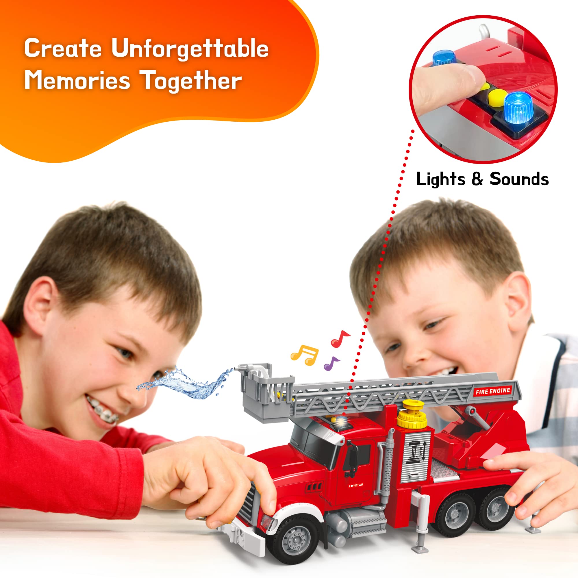 Fire Truck Toy Set for Kids - Fire Engine Truck with Water Spraying Hose, Rotating Ladder + 3 Fireman Firefighters, Road Signs, Lights & Sounds – Toy Fire Truck for Boys Age 4-7, Girls 3 Years Old+