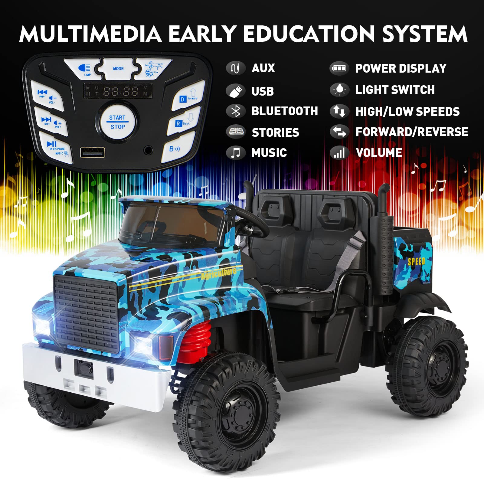 JOYLDIAS 2 Seater Ride On Car, 24V Battery-Powered Dump Truck, Ride On Toy with Dump Bed, Dual Motors, 4 Large Wheels, 2.4G Remote Control, 3 Speeds, Bluetooth, Camo Blue