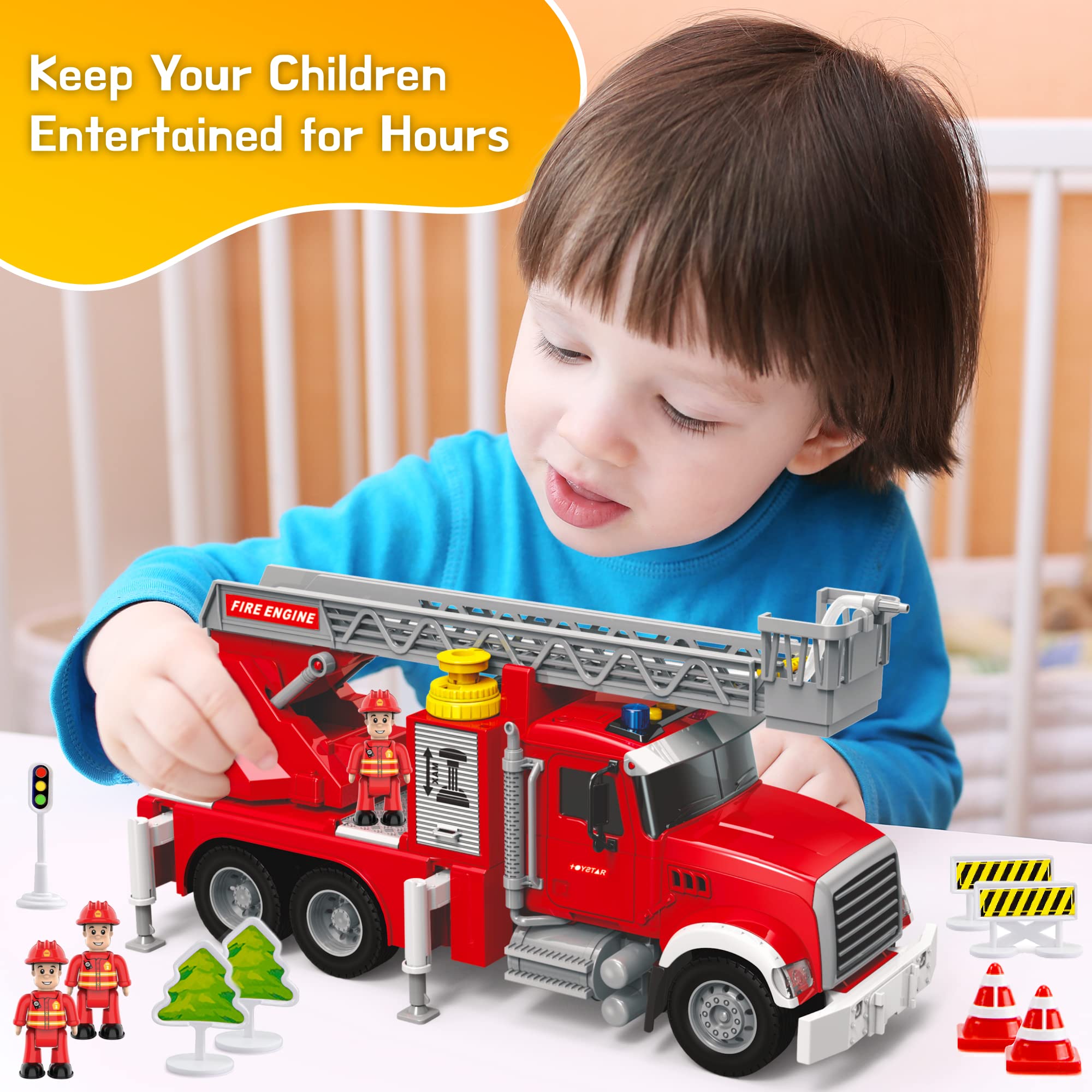 Fire Truck Toy Set for Kids - Fire Engine Truck with Water Spraying Hose, Rotating Ladder + 3 Fireman Firefighters, Road Signs, Lights & Sounds – Toy Fire Truck for Boys Age 4-7, Girls 3 Years Old+