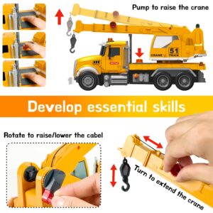 Crane Fire Truck Toy Truck Set - Kids Construction Crane Truck w/ Extending Arm, Rotation, Various Props and Buttons + Sounds & Lights - Toy Crane Truck for Boys Age 4-7, Girls, 3 Years Old+