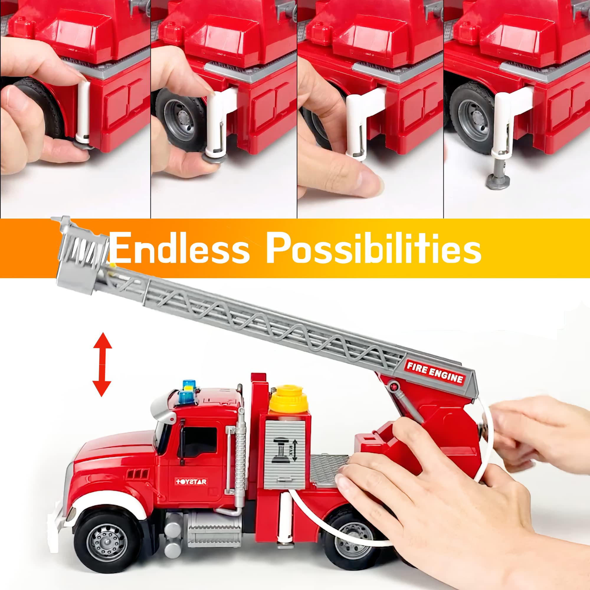 Fire Truck Toy Set for Kids - Fire Engine Truck with Water Spraying Hose, Rotating Ladder + 3 Fireman Firefighters, Road Signs, Lights & Sounds – Toy Fire Truck for Boys Age 4-7, Girls 3 Years Old+