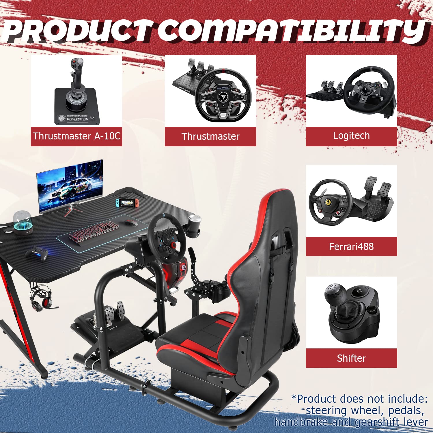 Minneer Stable Drive Fly Simulator Cockpit with Red Seat Fit for Logitech/Thrustmaster/Fanatec G29/G920/T248 Racing Gaming Steering Wheel Stand(Wheel, Pedals, Handbrake Not Included)