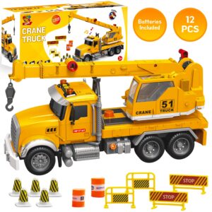 Crane Fire Truck Toy Truck Set - Kids Construction Crane Truck w/ Extending Arm, Rotation, Various Props and Buttons + Sounds & Lights - Toy Crane Truck for Boys Age 4-7, Girls, 3 Years Old+