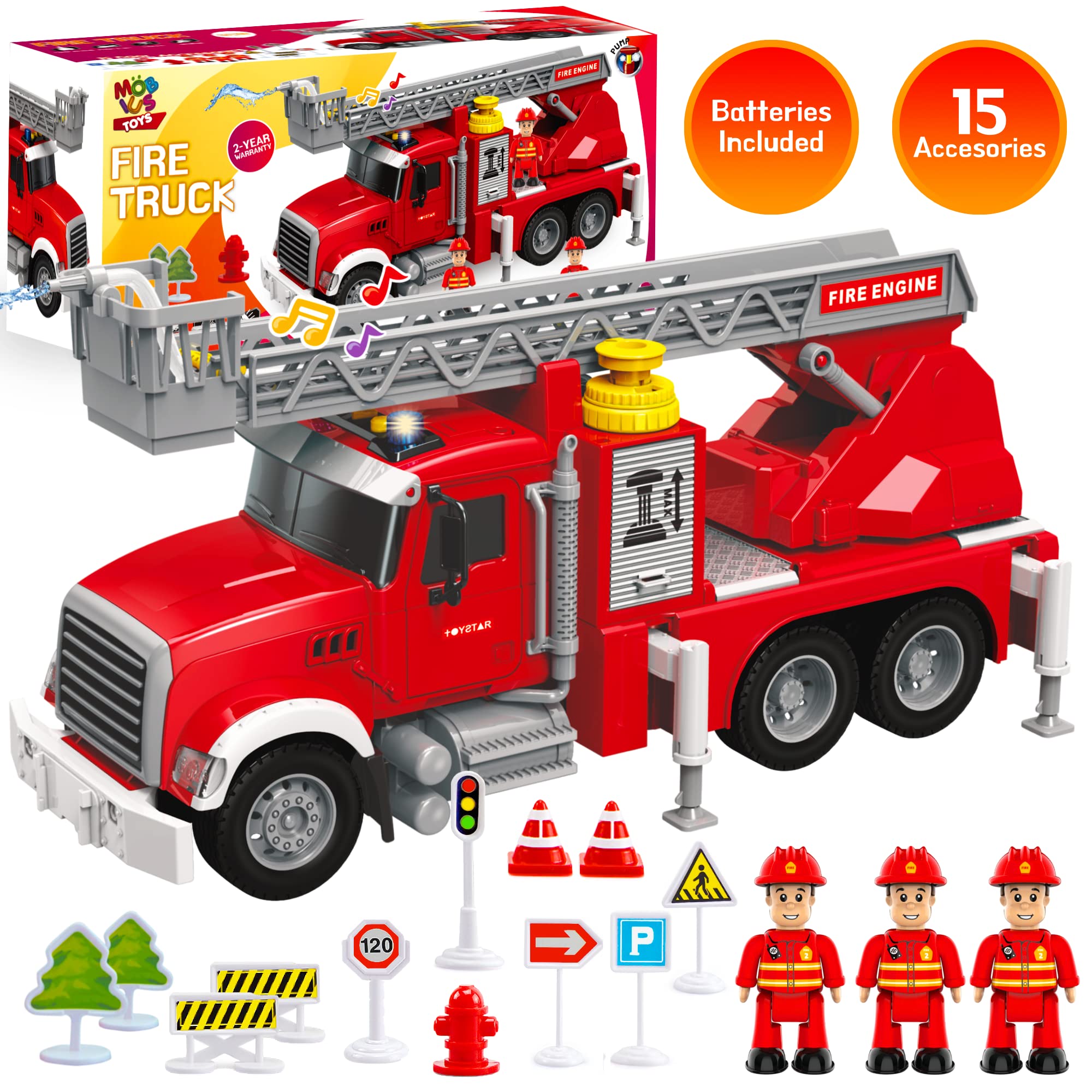 Fire Truck Toy Set for Kids - Fire Engine Truck with Water Spraying Hose, Rotating Ladder + 3 Fireman Firefighters, Road Signs, Lights & Sounds – Toy Fire Truck for Boys Age 4-7, Girls 3 Years Old+