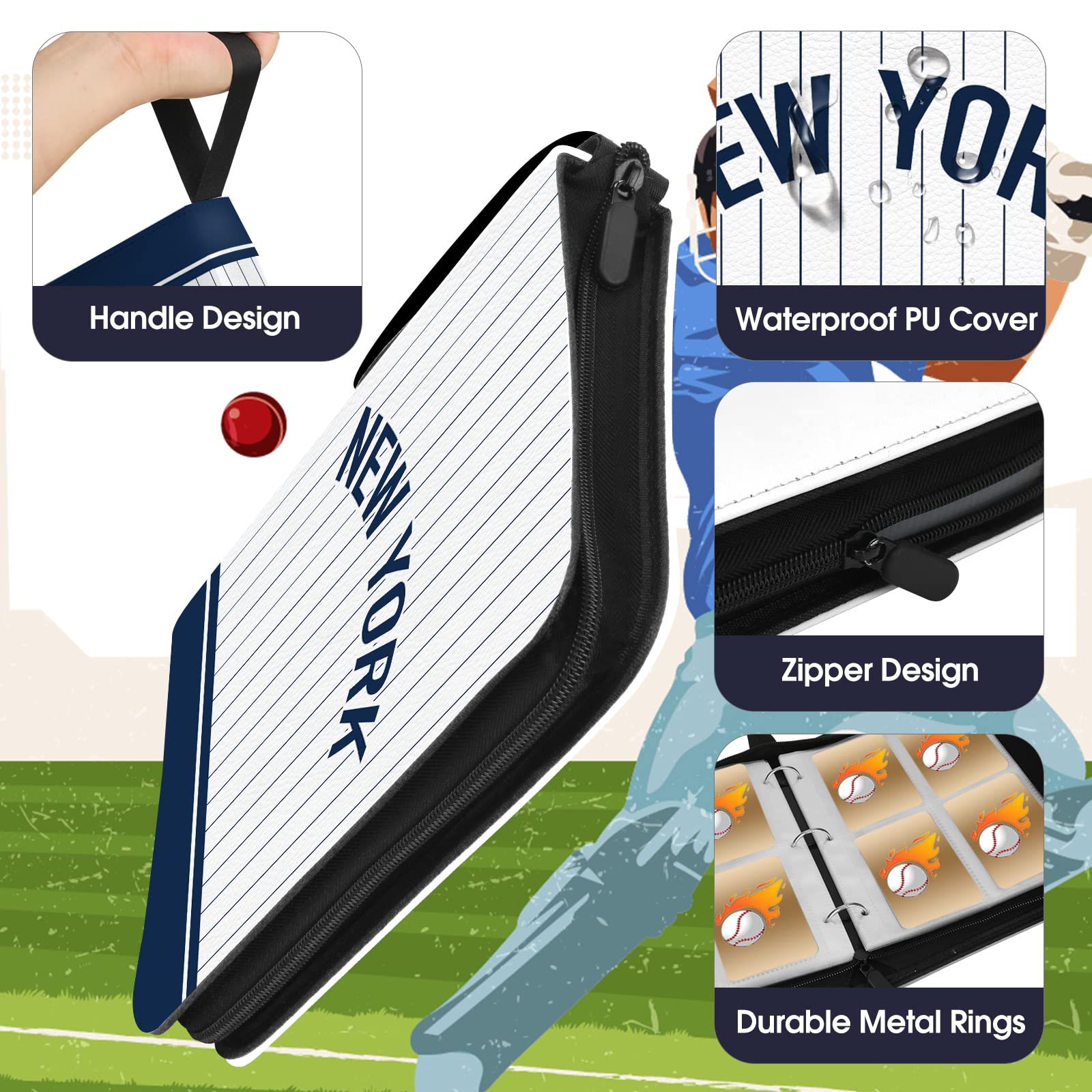 Baseball Card Binder with Sleeves 400 Pocket, Baseball Card Holder for Trading Cards Baseball Collector Album New York Sports Card 3 Ring Binder Storage Book Folder for Kids Gift (White)