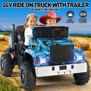 JOYLDIAS 2 Seater Ride On Car, 24V Battery-Powered Dump Truck, Ride On Toy with Dump Bed, Dual Motors, 4 Large Wheels, 2.4G Remote Control, 3 Speeds, Bluetooth, Camo Blue