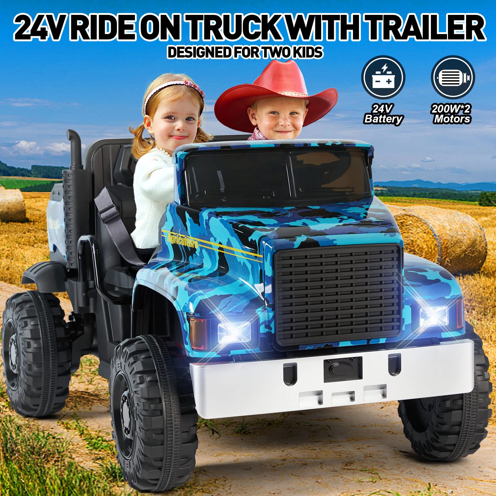 JOYLDIAS 2 Seater Ride On Car, 24V Battery-Powered Dump Truck, Ride On Toy with Dump Bed, Dual Motors, 4 Large Wheels, 2.4G Remote Control, 3 Speeds, Bluetooth, Camo Blue