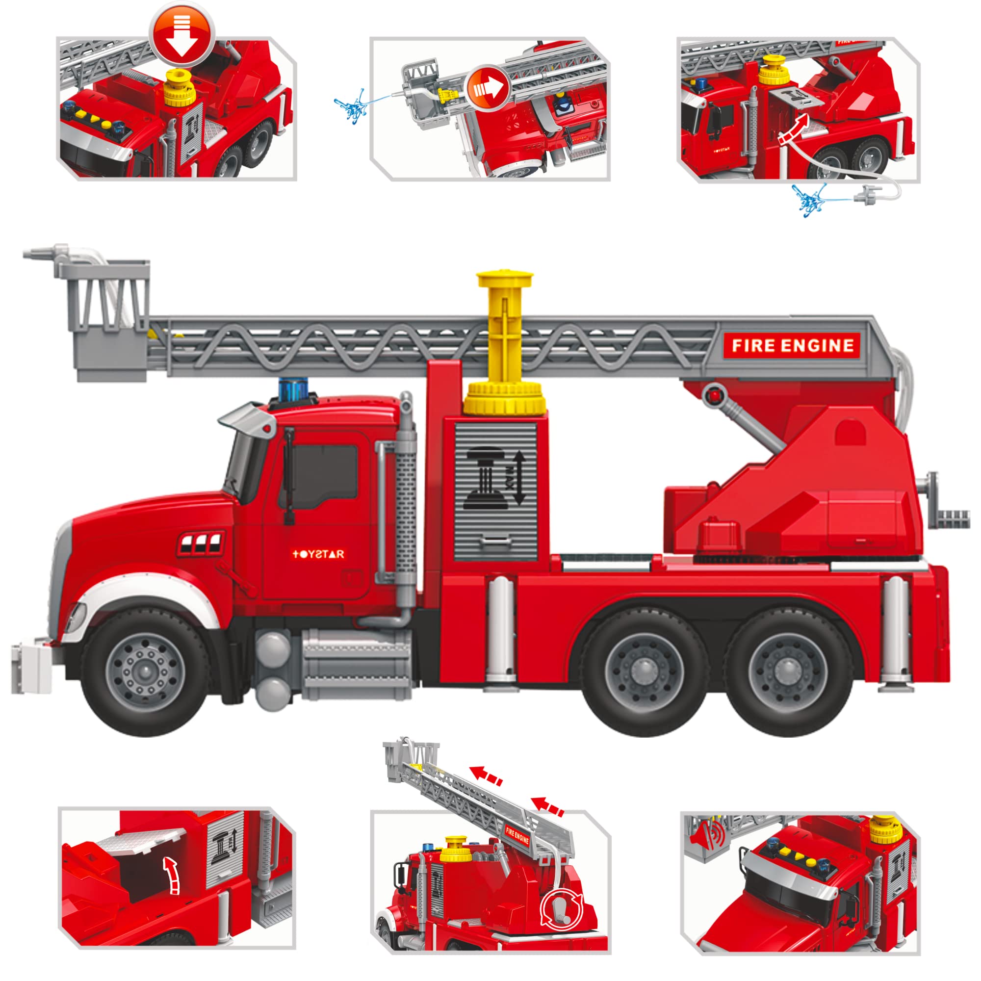 Fire Truck Toy Set for Kids - Fire Engine Truck with Water Spraying Hose, Rotating Ladder + 3 Fireman Firefighters, Road Signs, Lights & Sounds – Toy Fire Truck for Boys Age 4-7, Girls 3 Years Old+