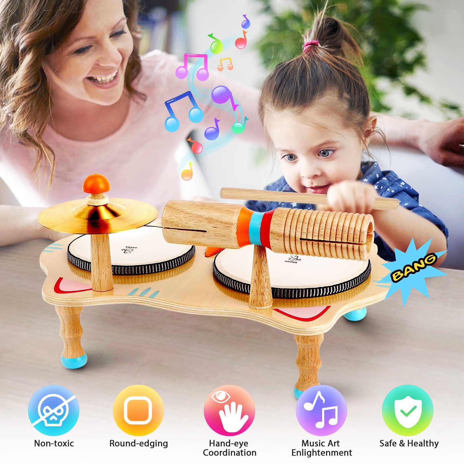 oathx Kids Drum Set All in One Montessori Musical Instruments Set Toddler Toys Natural Wooden Music Kit Baby Sensory Toys Months Birthday Gifts for Girls Boys