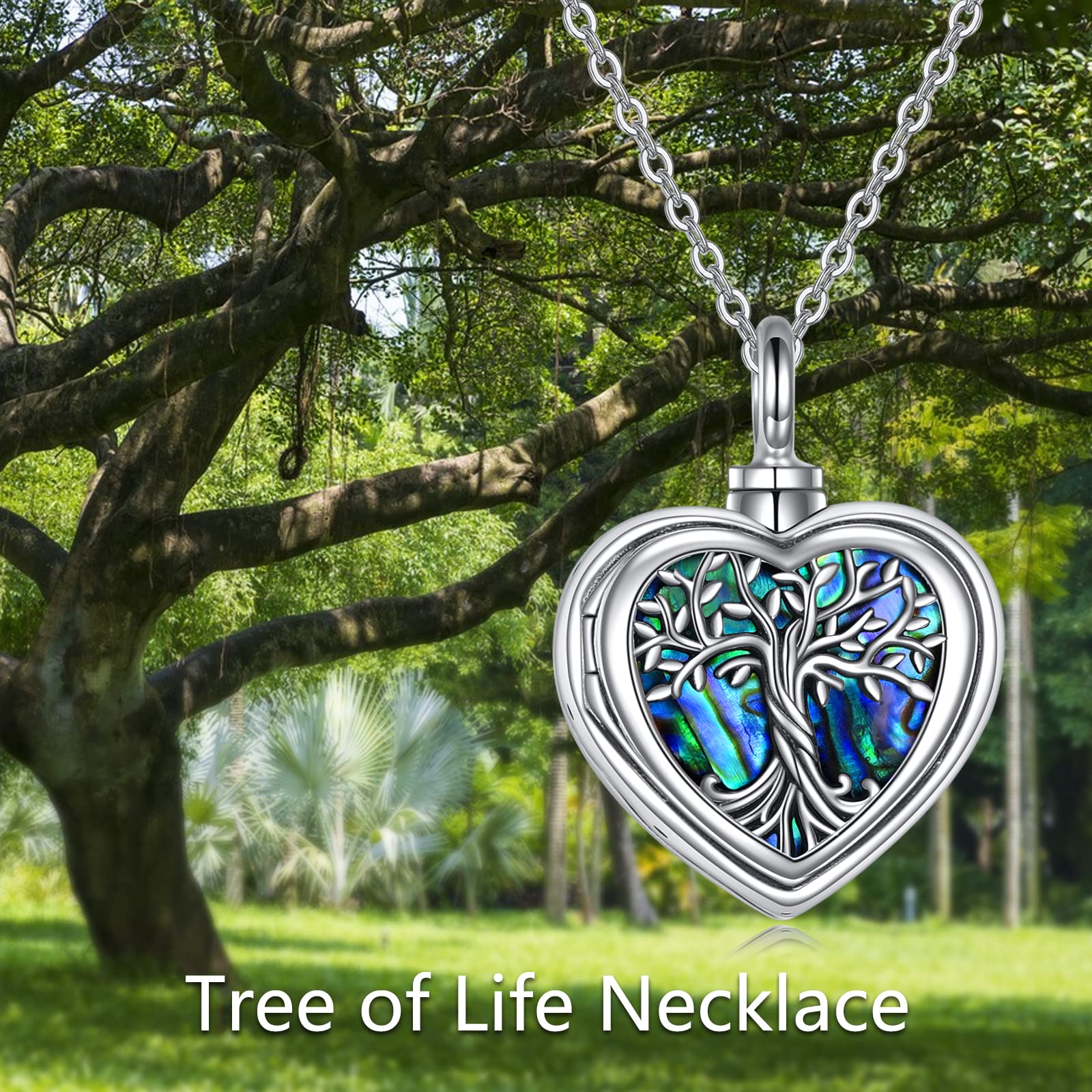 ONEFINITY Tree of Life Urn Necklaces for Ashes Sterling Silver Abalone Shell Tree of Life Locket Necklace That Holds Pictures Heart Cremation Jewelry for Ashes Memory Jewelry for Women Men