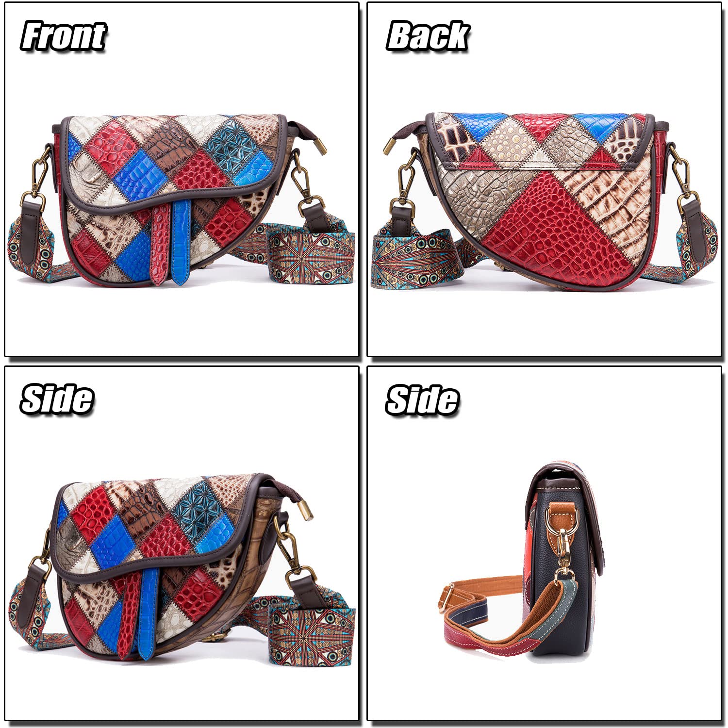 Karoukee Patchwork Small Crossbody Bag for Women Unique Genuine Leather Shoulder Bag Cell Phone Purse with Removable Shoulder Strap