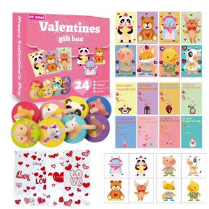 96pcs valentines toys for class, valentines day exchange cards for kids, wooden spinning tops, animal stickers, goodies bags, valentines gifts for kids classroom, school prize party favors