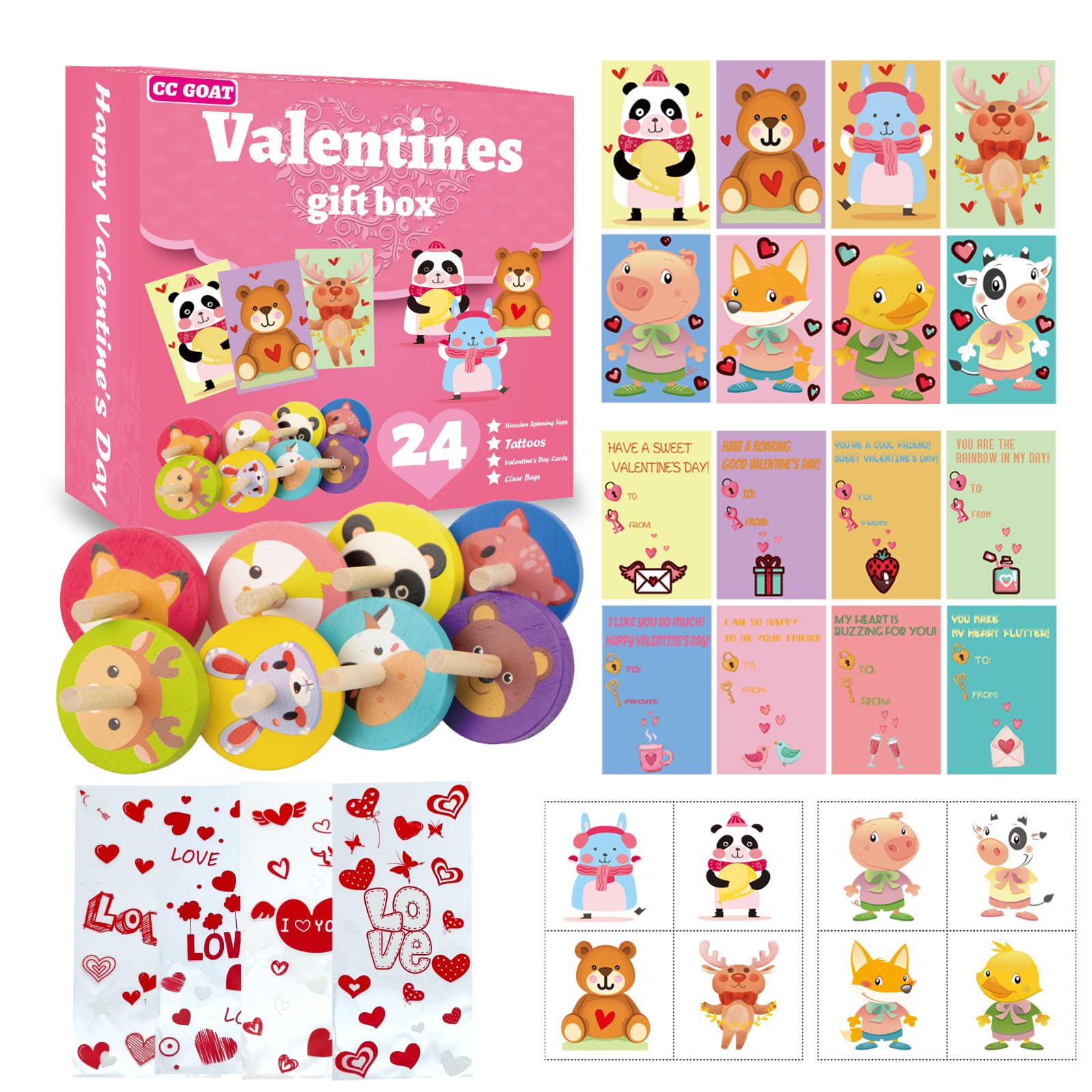 96PCS Valentines Toys for Class, Valentines Day Exchange Cards for Kids, Wooden Spinning Tops, Animal Stickers, Goodies Bags, Valentines Gifts for Kids Classroom, School Prize Party Favors