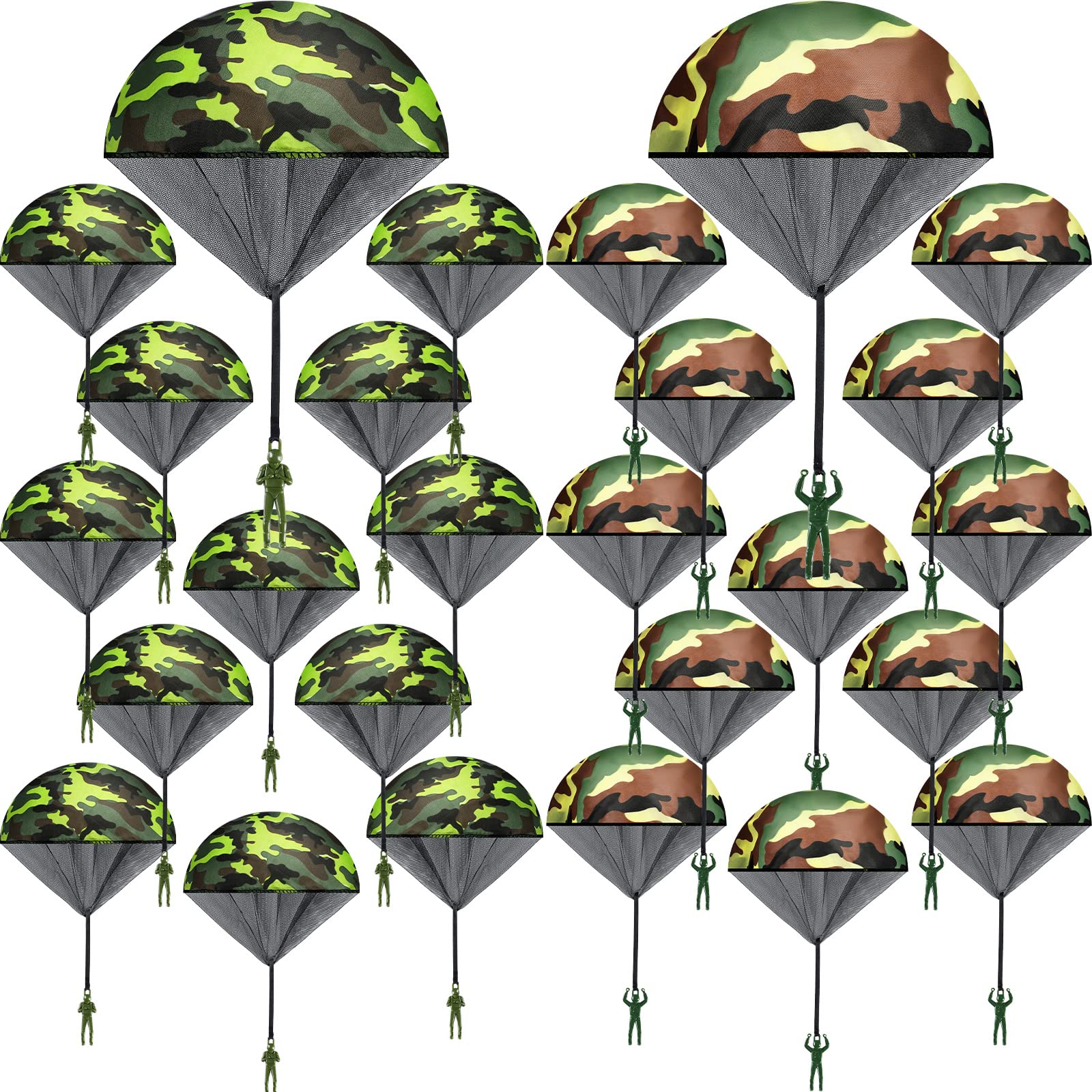 60 Pcs Army Camo Parachute Toys Hand Throwing Camo Parachute Men Toy Plastic Soldiers Army Toy Parachute Army Action Figures Hand Throw Outdoor Flying Gifts for Boys Girls Outdoor Party Game, 2 Styles