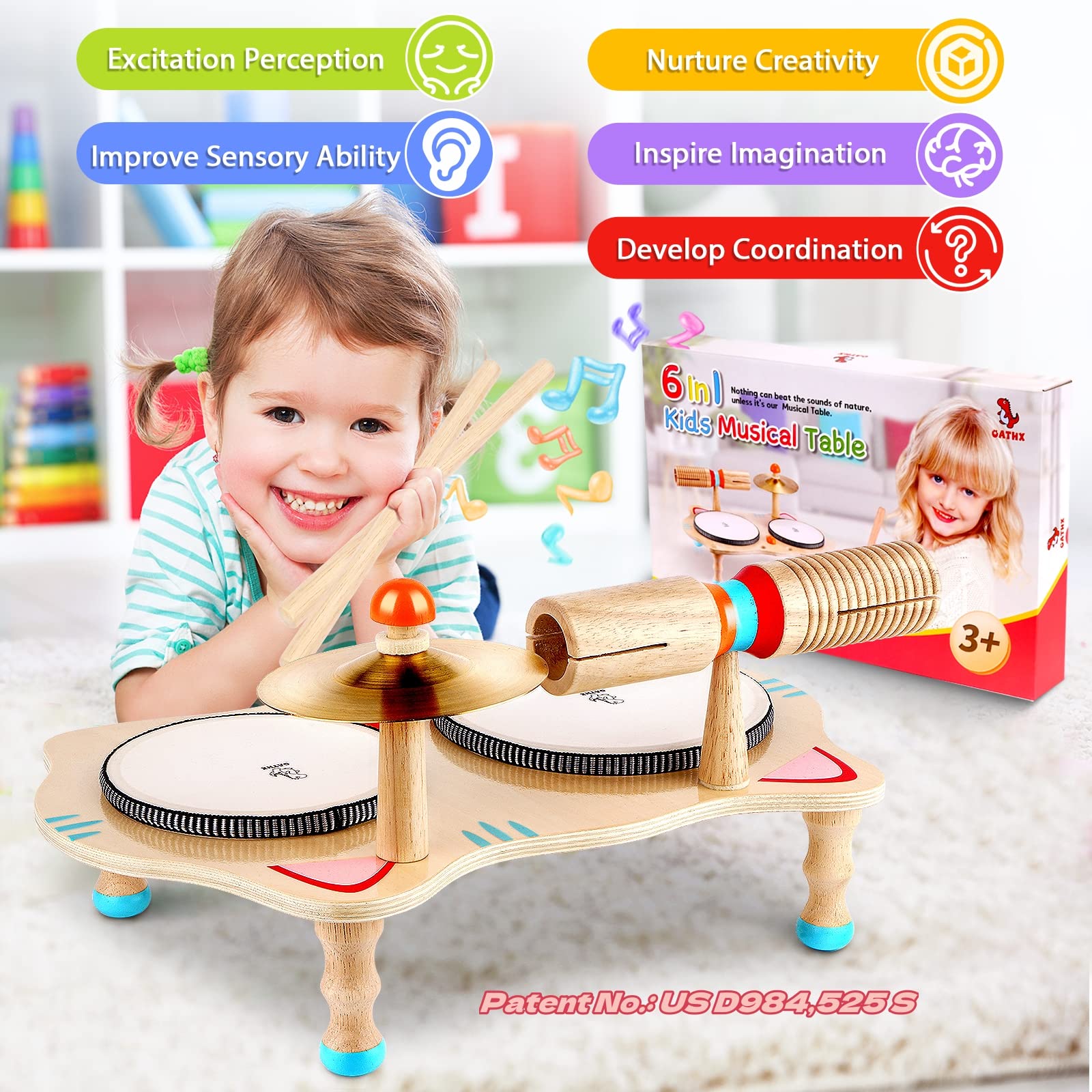 oathx Kids Drum Set All in One Montessori Musical Instruments Set Toddler Toys Natural Wooden Music Kit Baby Sensory Toys Months Birthday Gifts for Girls Boys