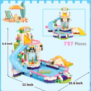 Friends Swimming Pool Building Set for Girls 6-12 Beach Pool Party Building Blocks Toys Water Park Building Includes Juice Bar and Car, Storage Box, Christmas Birthday Roleplay Gift for Kids Girls 7-9