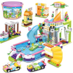 Friends Swimming Pool Building Set for Girls 6-12 Beach Pool Party Building Blocks Toys Water Park Building Includes Juice Bar and Car, Storage Box, Christmas Birthday Roleplay Gift for Kids Girls 7-9