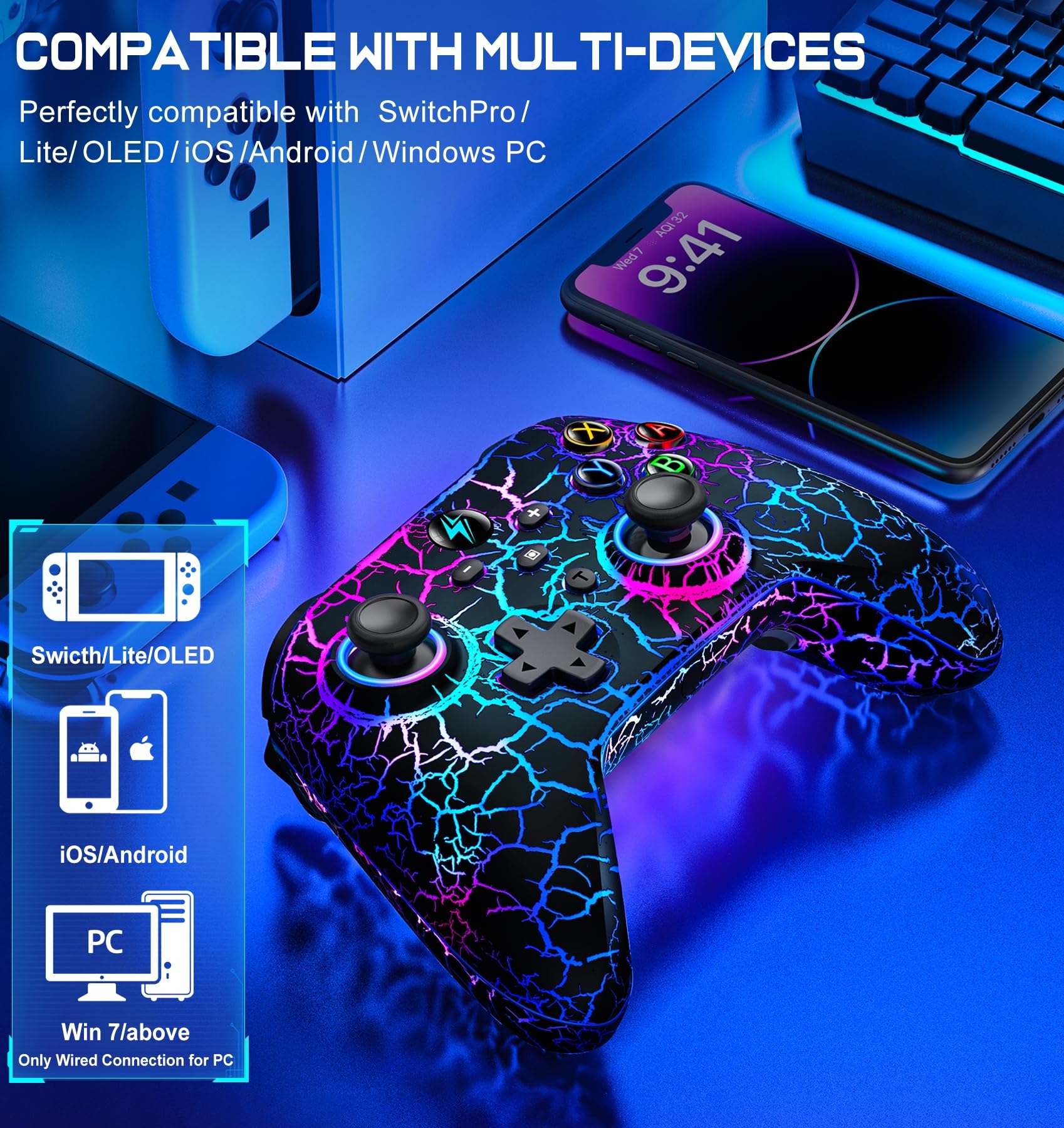 Svetaecho Wireless Switch Controller for Nintendo Switch Controller/Lite/OLED-LED Wired Windows PC Game Joysticks-Wireless PC IOS Android Remote with Cool RGB/Programmable Nintendo Switch Accessories