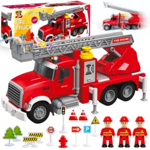 Fire Truck Toy Set for Kids - Fire Engine Truck with Water Spraying Hose, Rotating Ladder + 3 Fireman Firefighters, Road Signs, Lights & Sounds – Toy Fire Truck for Boys Age 4-7, Girls 3 Years Old+