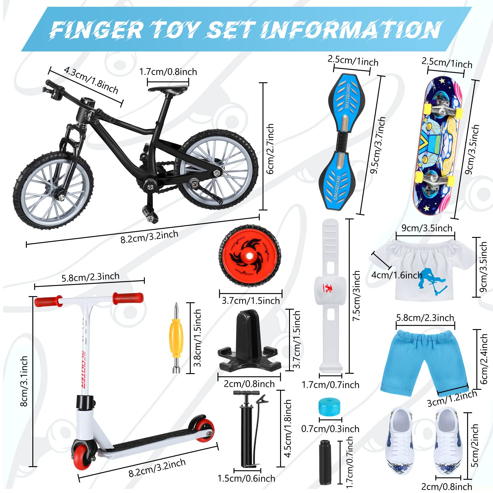 35 Pcs Mini Finger Toy Set, Finger Scooter/ Skateboards/Shoes/Bikes/ Tops/Pants/ Knee Pads, Tiny Swing Board, Mini Bike Wheels Toys for Party Favors