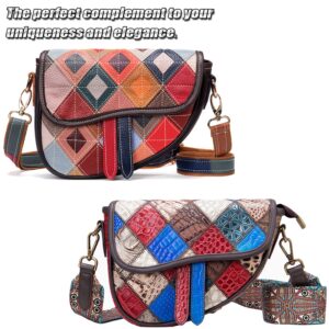 Karoukee Patchwork Small Crossbody Bag for Women Unique Genuine Leather Shoulder Bag Cell Phone Purse with Removable Shoulder Strap