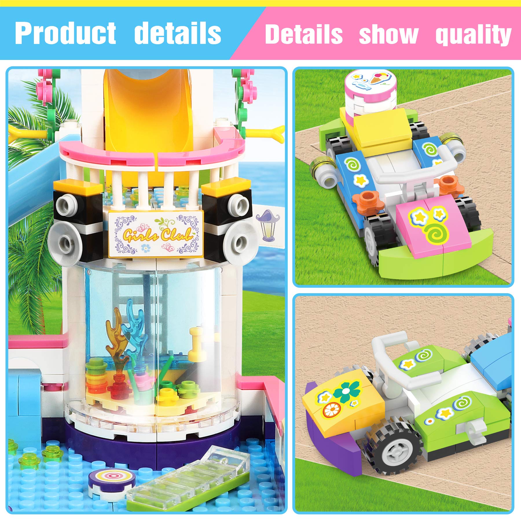 Friends Swimming Pool Building Set for Girls 6-12 Beach Pool Party Building Blocks Toys Water Park Building Includes Juice Bar and Car, Storage Box, Christmas Birthday Roleplay Gift for Kids Girls 7-9