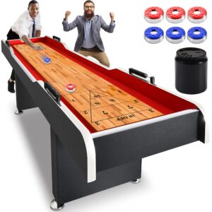 serenelife shuffleboard table, 9ft poly coated surface, with accessories, abacus style scoring, fast puck action play, indoor and outdoor portable arcade shuffle board game table for kids and adults