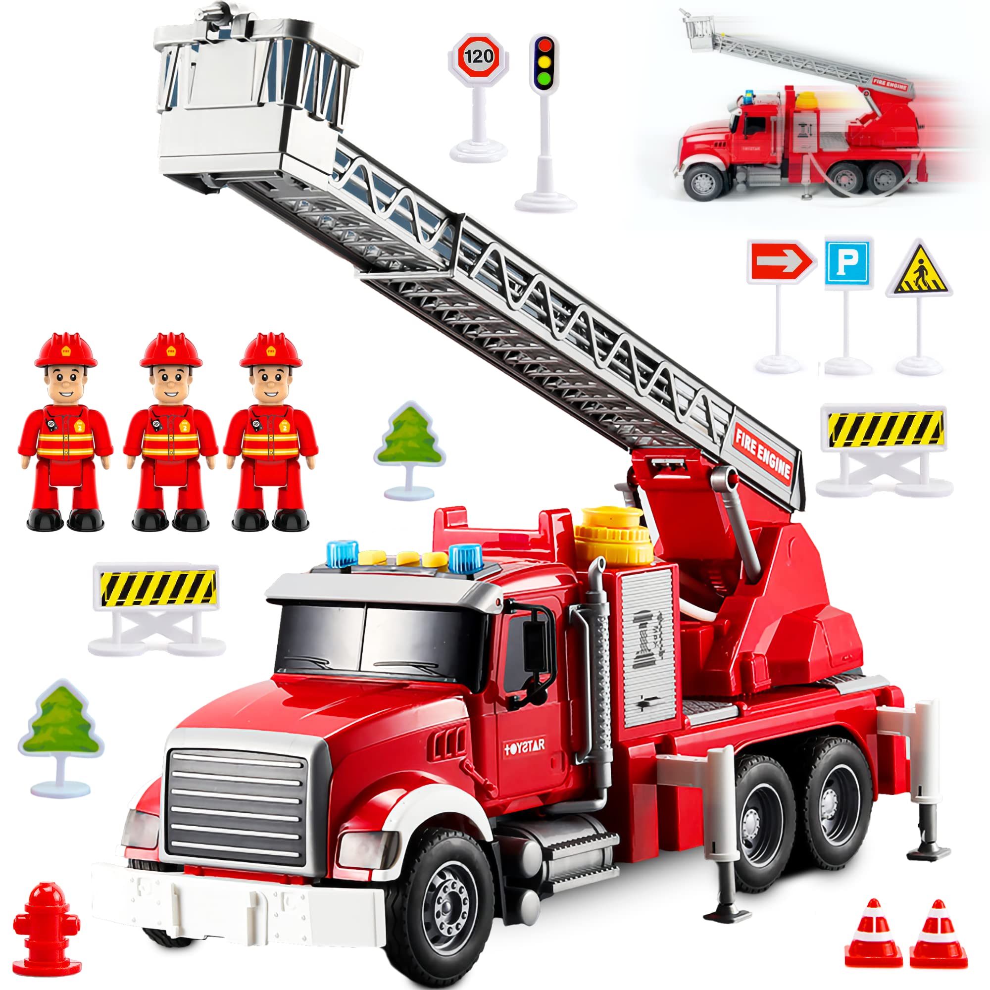 Fire Truck Toy Set for Kids - Fire Engine Truck with Water Spraying Hose, Rotating Ladder + 3 Fireman Firefighters, Road Signs, Lights & Sounds – Toy Fire Truck for Boys Age 4-7, Girls 3 Years Old+