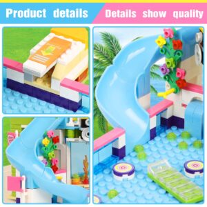 Friends Swimming Pool Building Set for Girls 6-12 Beach Pool Party Building Blocks Toys Water Park Building Includes Juice Bar and Car, Storage Box, Christmas Birthday Roleplay Gift for Kids Girls 7-9