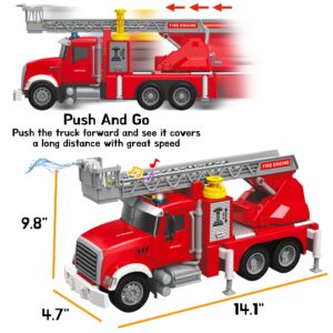 Fire Truck Toy Set for Kids - Fire Engine Truck with Water Spraying Hose, Rotating Ladder + 3 Fireman Firefighters, Road Signs, Lights & Sounds – Toy Fire Truck for Boys Age 4-7, Girls 3 Years Old+