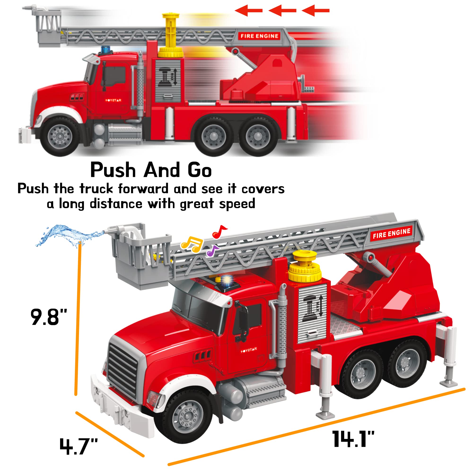 Fire Truck Toy Set for Kids - Fire Engine Truck with Water Spraying Hose, Rotating Ladder + 3 Fireman Firefighters, Road Signs, Lights & Sounds – Toy Fire Truck for Boys Age 4-7, Girls 3 Years Old+