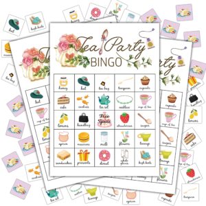 disfuco tea party bingo cards, tea bridal party games bingo cards, school party, birthday, garden tea party favors supplies decorations, 24 players bingo game (a02)