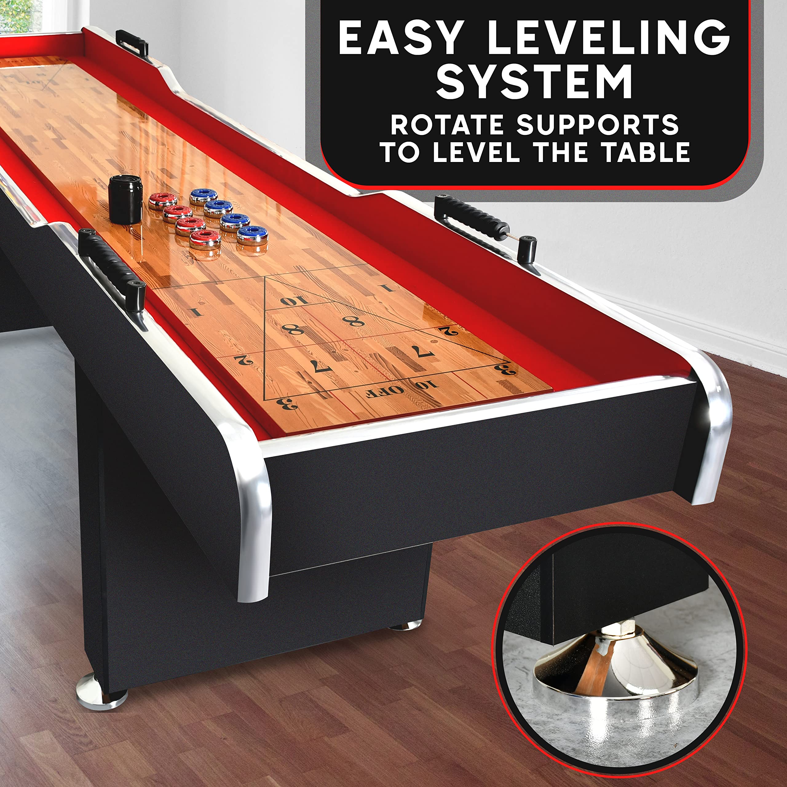 SereneLife Shuffleboard Table, 9ft Poly Coated Surface, with Accessories, Abacus Style Scoring, Fast Puck Action Play, Indoor and Outdoor Portable Arcade Shuffle Board Game Table for Kids and Adults