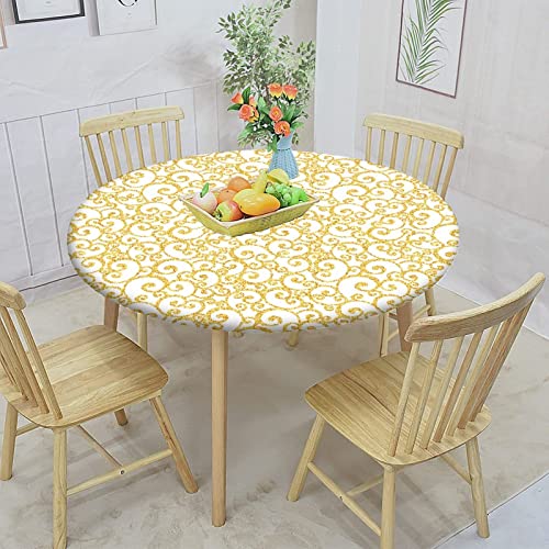 Victorian Round Fitted Tablecloth with Elastic Edge, Swirling Lines Floral Print XXLarge Polyester Table Cover, Fit Round Tables up 65"-71" Diameter, for Outdoor Indoor Use