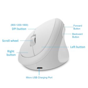 Ergonomic Wireless Vertical Mouse, Rechargeable 2.4G USB Portable Silent Optical Cordless Mouse with 6 Buttons 3 Adjustable DPI (800-1200-1600) for PC Desktop Laptop Notebook (White)