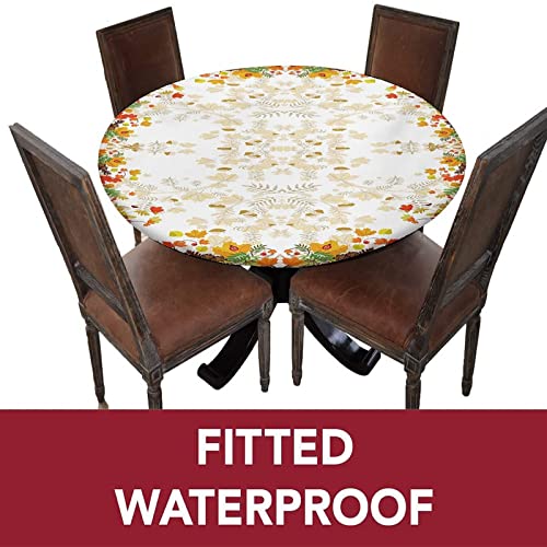 XISUNYA Thanksgiving Round Fitted Tablecloth with Elastic Edge, Fall Colors Ladybug Maple Leaf Woods Pine Nuts Berries Print XXLarge Polyester Table Cover, Fit Round Tables up 65"-71" Diameter