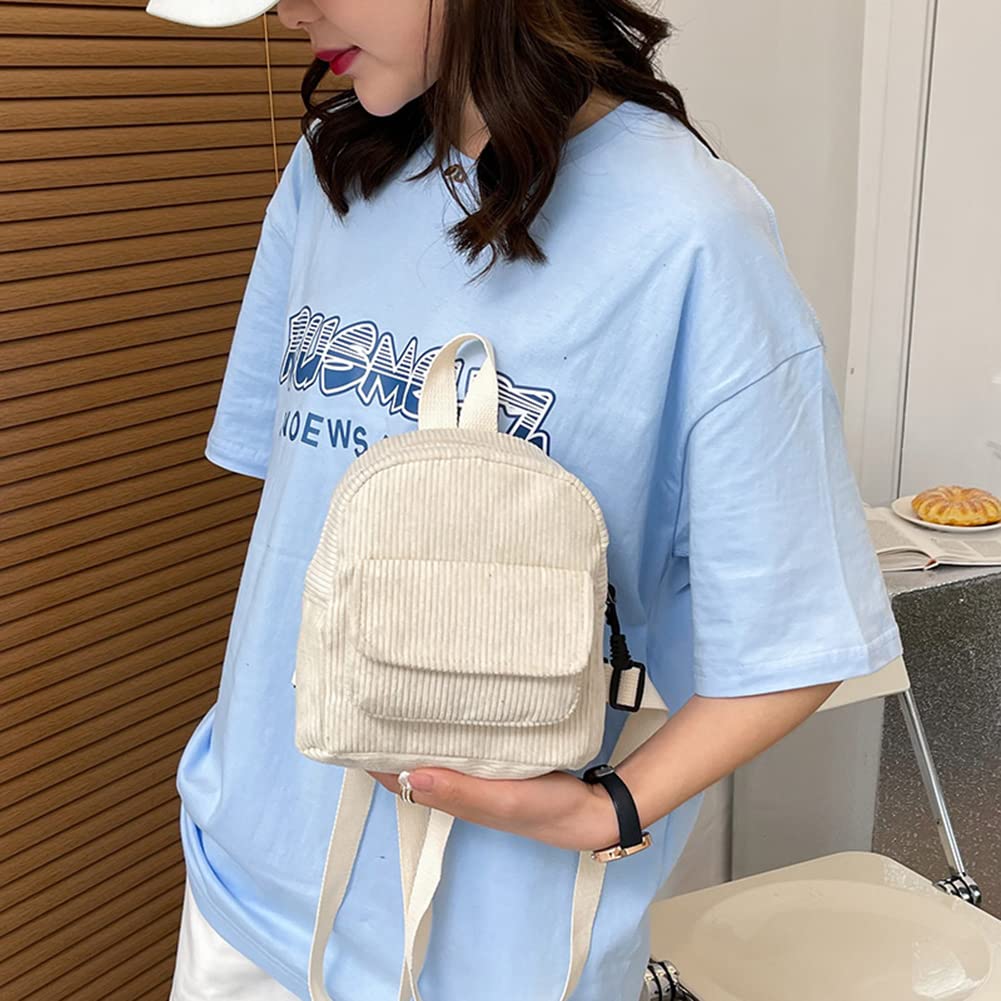 AZURAOKEY Women Mini Backpack Corduroy Backpack Retro Travel Rucksack (White)