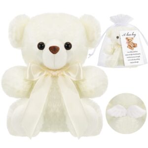 HyDren Angel Bear Plush Stuffed Animal Bear Sympathy White Bear Dolls Gift Ribbon Bow and Condolences Card for Kid Boy Girl Funeral Memorial Comfort Loss of Loved One