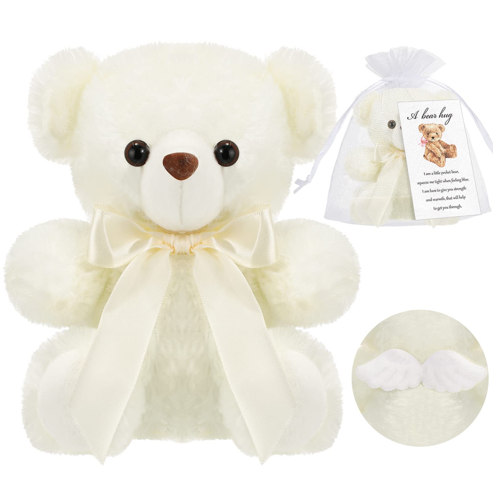 HyDren Angel Bear Plush Stuffed Animal Bear Sympathy White Bear Dolls Gift Ribbon Bow and Condolences Card for Kid Boy Girl Funeral Memorial Comfort Loss of Loved One