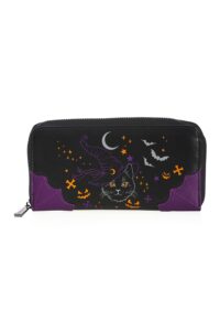 lost queen halloween black cat witch spell on me women’s zip around wallet clutch