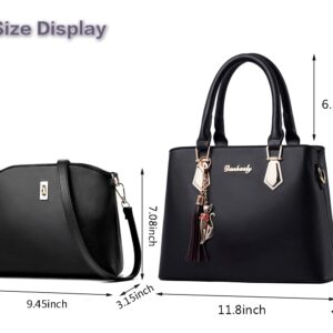 Chikencall Women Top-Handle Purses Leather 2pcs Set Totes Handbag Satchel Shoulder Bag for Ladies with tassel and cat pendant